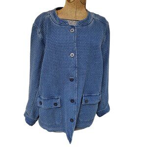 Pure Jill Indigo Jacket Womens XL Waffle Knit Blue Button Front Pockets Cotton
